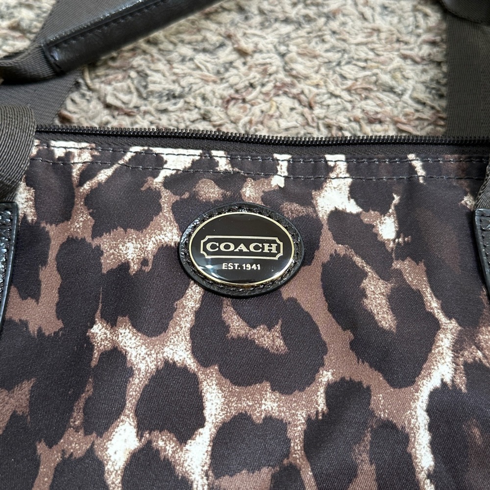 Coach Leopard Print Nylon Tote Bag with Removable Pouch Brown Tan Animal Print